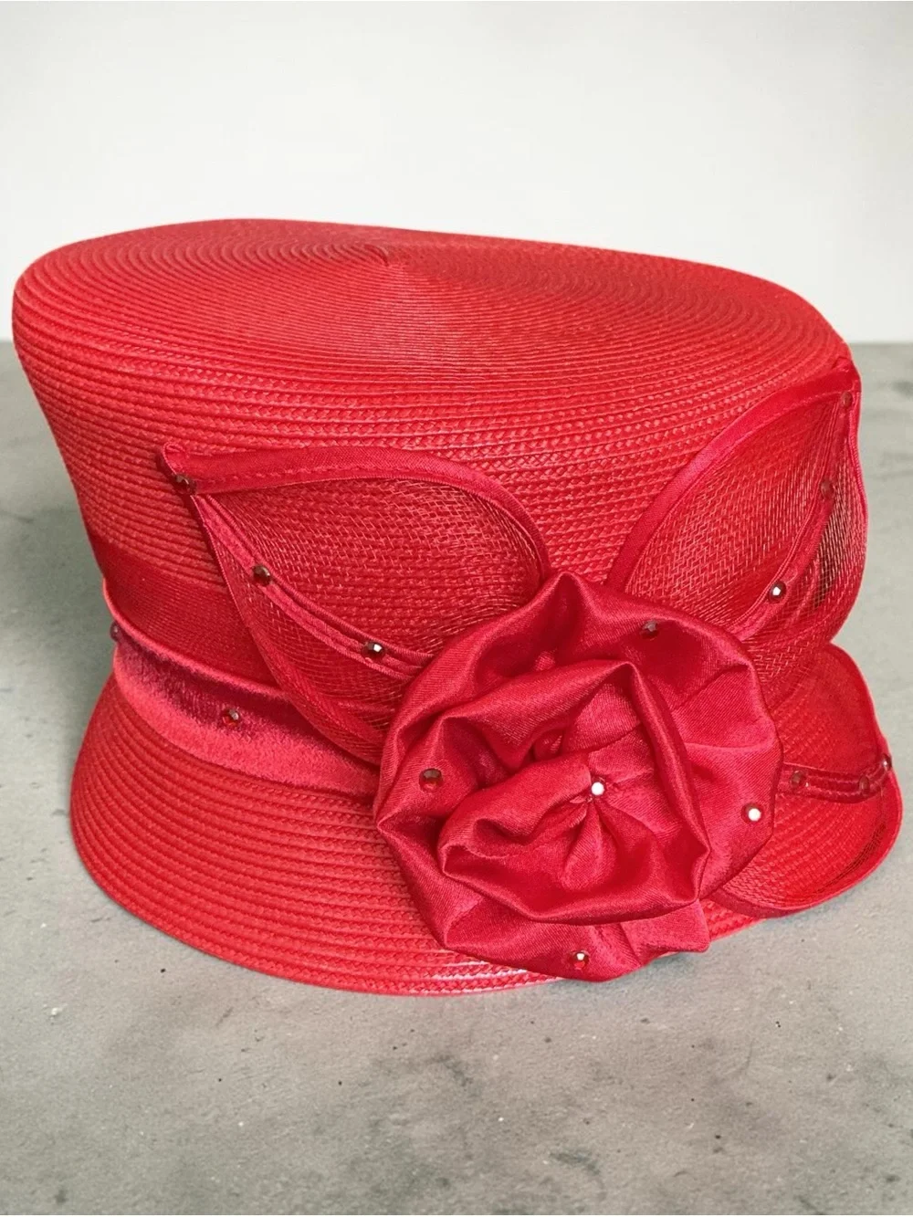 Women's New York Red Straw Hat with Satin Flower, Derby Hat, Sunday Best